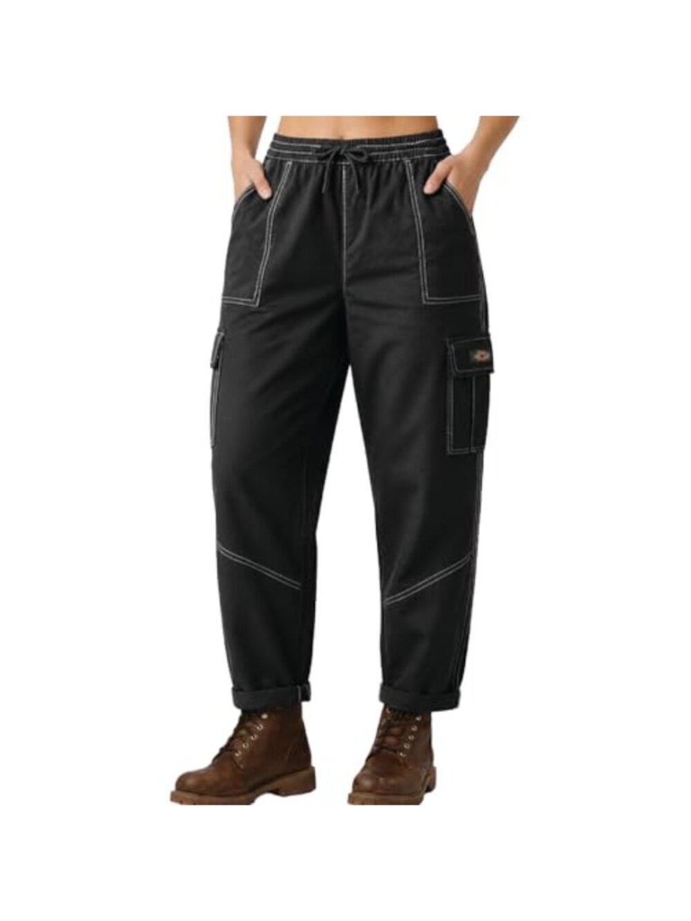 Womens Cargo Pants Cotton Stretch Twill Jogger Drawstring Utility Pockets